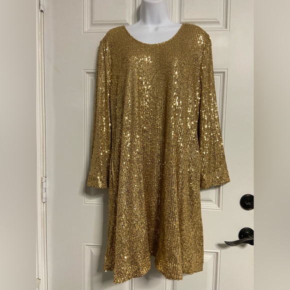 T18- SOFT SURROUNDINGS Gold Sequin Flared Dress - Picture 1 of 9